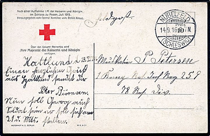 Ufrankeret feltpostkort fra Hattlund stemplet Nübelfeld (Schleswig) d. 14.9.1916 til soldat ved Res. Inf. Reg. 259.
