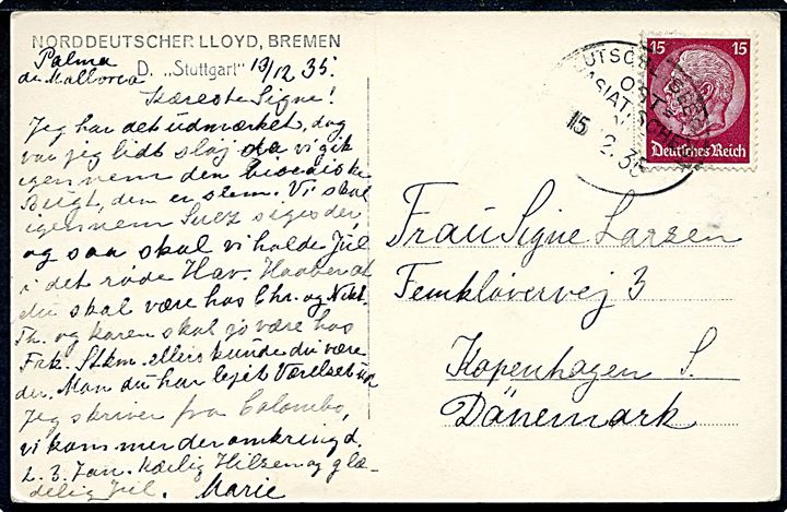 15 pfg. Hindenburg på brevkort (N.D.L. Dampfer Stuttgart) dateret ved Palma de Mallorca og annulleret med skibsstempel Deutsche Seepost Ost-Asiatische Linie d. 15.12.1935 til København, Danmark.