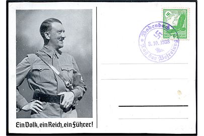 5 pfg. Luftpost (skrammer) på uadresseret propagandakort med Adolf Hitler annulleret md gummistempel i Sudeterland: Bodenbach * Tag der Befreiung * 3.10.1938.
