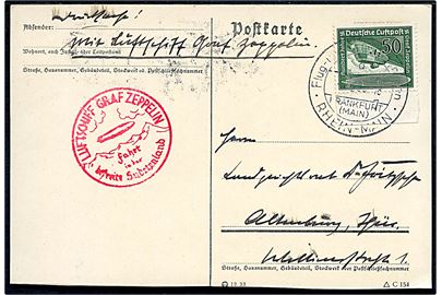 50 pfg. Graf Zeppelin 100 år på luftpost brevkort stemplet Flug- und Luftschiffhafen Rhein-Main d. 1.12.1938 via Reichenberg (Sudetengau) til Altenburg. Rødt flyvningsstempel: Luftschiff Graf Zeppelin fahrt in das befreite Sudetenland.