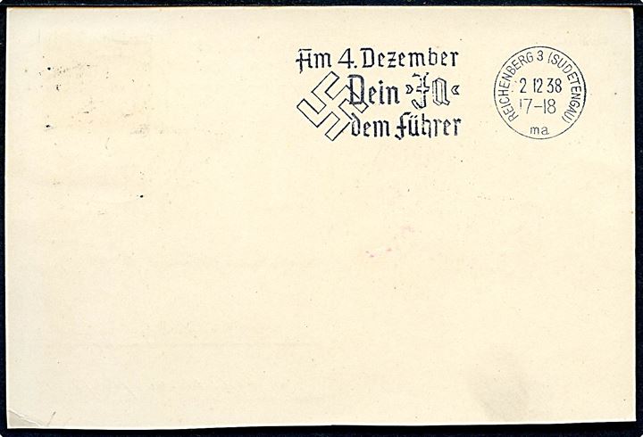 50 pfg. Graf Zeppelin 100 år på luftpost brevkort stemplet Flug- und Luftschiffhafen Rhein-Main d. 1.12.1938 via Reichenberg (Sudetengau) til Altenburg. Rødt flyvningsstempel: Luftschiff Graf Zeppelin fahrt in das befreite Sudetenland.
