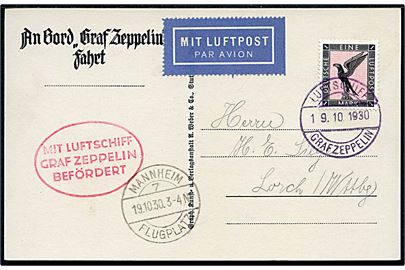 1 mk. Luftpost på brevkort (LZ127 Graf Zeppelin) sendt som luftpost og annulleret med bordstempel Luftschiff Graf Zeppelin d. 19.10.1930 via Mannheim Flugplatz til Lorch. Rødt stempel Mit Lufschiff Graf Zeppelin befördert.