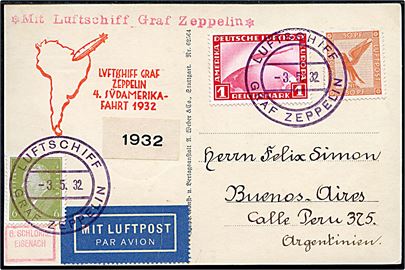 6 pfg. Ebert, 50 pfg. Luftpost og 1 mk. Amerikafahrt på brevkort (LZ127 Graf Zeppelin) annulleret med bordstempel Luftschiff Graf Zeppelin d. 3.5.1932 og sidestemplet med flyvningsstempel fra 4. Südamerikafahrt 1932 til Buenos Aires, Argentina.