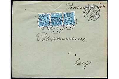 Ufrankeret brev med brotype Ic Dydvad d. 15.6.1935 til Politikontoret i Sæby. Summarisk opkrævning af enkeltporto for flere forsendelser med 25 øre Portomærke i 3-stribe stemplet Sæby d. 17.6.1935.