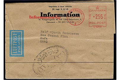 2,55 kr. firmafranko frankeret luftpost korsbånd fra avisen Information i København d. 25.4.1978 til Kufa, Iraq.