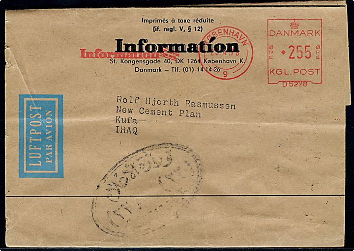 2,55 kr. firmafranko frankeret luftpost korsbånd fra avisen Information i København d. 25.4.1978 til Kufa, Iraq.