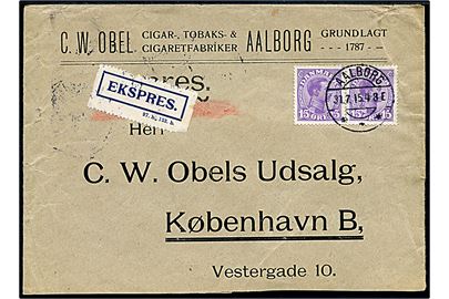 15 øre Chr. X i parstykke på ekspresbrev fra Aalborg d. 31.7.1915 til København. Revet på bagsiden.
