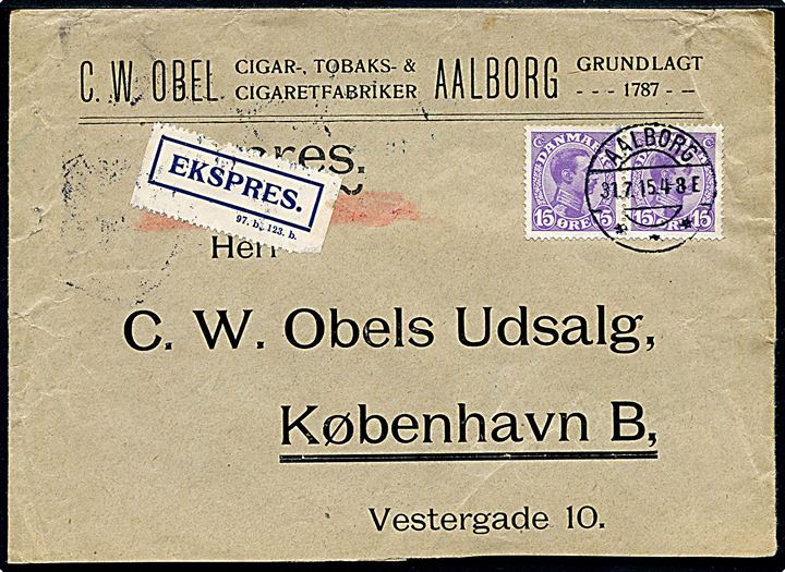 15 øre Chr. X i parstykke på ekspresbrev fra Aalborg d. 31.7.1915 til København. Revet på bagsiden.