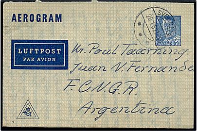 50 øre Fr. IX helsags aerogram (fabr. 4) fra Svebølle d. 20.1.1958 til Juan Fernande, Argentina.