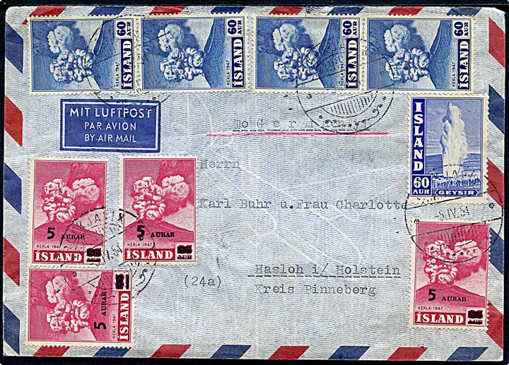 60 aur Hekla (5) og 5/35 aur Helka provisorium (4) på luftpostbrev fra Reykjavik d. 5.4.1954 til Hasloh, Tyskland. Sendt fra den tyske fiskeribeskyttelsesbåd Meerkatze c/o tyske ambassade i Reykjavik.