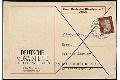 3 pfg. Hitler på tryksagskort annulleret Deutsche Dienstpostamt Oslo d. 9.3.1945 til Dresden, Tyskland.