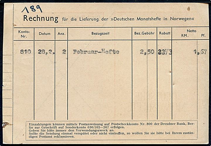 3 pfg. Hitler på tryksagskort annulleret Deutsche Dienstpostamt Oslo d. 9.3.1945 til Dresden, Tyskland.