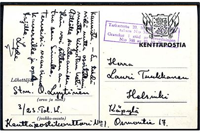 Ufrankeret fortrykt illustreret feltpostkort dateret d. 24.11.1939 til Helsingfors. Sendt fra soldat ved 3/2S. Pol. K. Kenttäpostikonttori No. 1. Tidlig finsk vinterkrigscensur. 