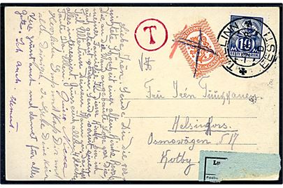 Estisk 10 m. single på underfrankeret brevkort fra Tallinn d. 9.9.1928 til Helsingfors, Finland. Udtakseret i porto med rødt T stempel og finsk 1 mk. Løve udgave anvendt som portomærke.