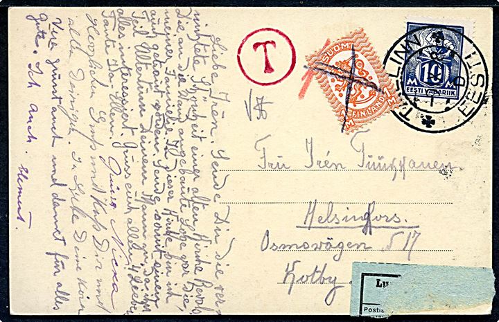 Estisk 10 m. single på underfrankeret brevkort fra Tallinn d. 9.9.1928 til Helsingfors, Finland. Udtakseret i porto med rødt T stempel og finsk 1 mk. Løve udgave anvendt som portomærke.