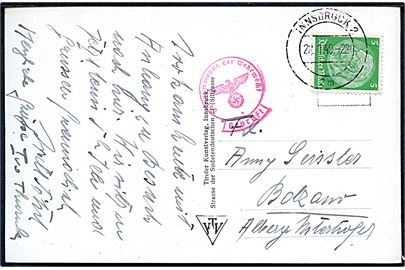 Tysk 5 pfg. Hindenburg anvendt på brevkort fra Østrig og annulleret Innsbruck d. 22.1.1940 til Bolzano, Italien. Lille rødt censurstempel fra Zensurstelle g i Wien.