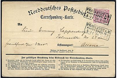 1 gr. single på correspondenz-karte annulleret med rammestempel Frankfurt A.M. Postexped. No. 1 d. 4.11.1870 til Altona. Lodret fold.