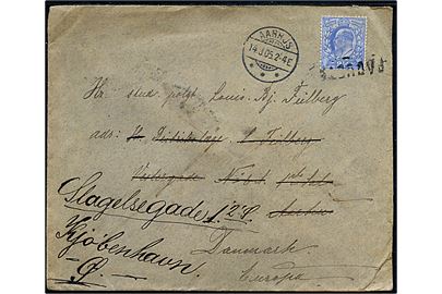 2½d Edward VII på brev fra styrmand ombord på bark Linda af Fanø annulleret med portugisisk skibsstempel Paquete og på basiden sidestemplet Lisboa d. 9.3.1905 til Aarhus, Danmark - eftersendt til København. 