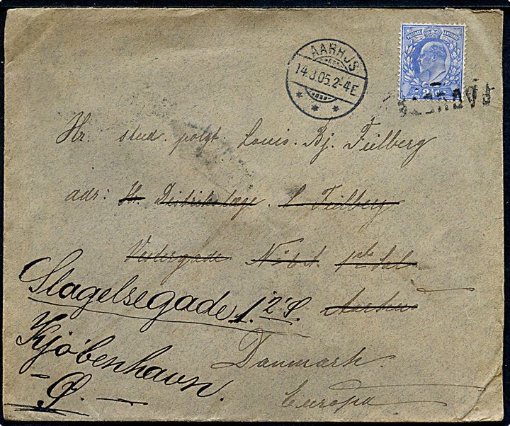 2½d Edward VII på brev fra styrmand ombord på bark Linda af Fanø annulleret med portugisisk skibsstempel Paquete og på basiden sidestemplet Lisboa d. 9.3.1905 til Aarhus, Danmark - eftersendt til København. 