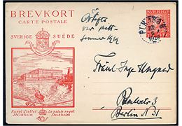 15 öre Gustaf illustreret helsagsbrevkort annulleret med bureaustempel PLK 139B (= Nässjö-Malmö) d. 22.6.1929 til berlin, Tyskland. Mic. 75 Euro.