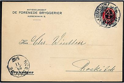 4/8 øre Provisorium single på tryksag-kort fra De forenede Bryggerier i Kjøbenhavn d. 29.11.1904 til Roskilde.