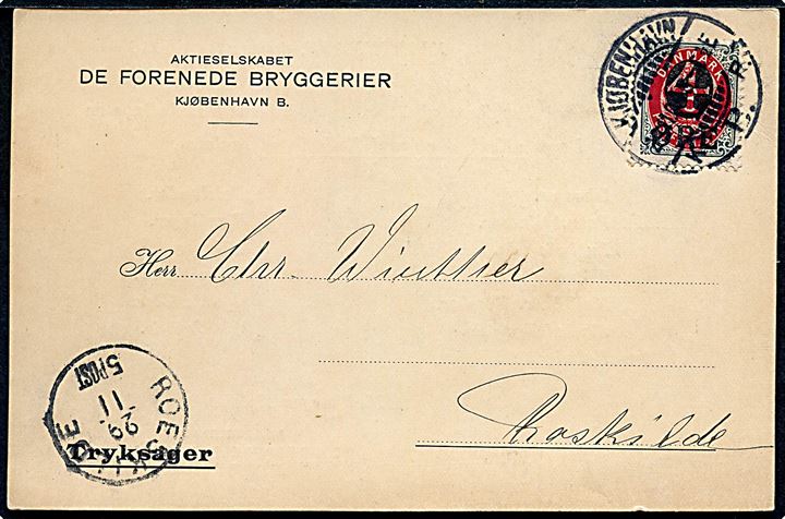 4/8 øre Provisorium single på tryksag-kort fra De forenede Bryggerier i Kjøbenhavn d. 29.11.1904 til Roskilde.