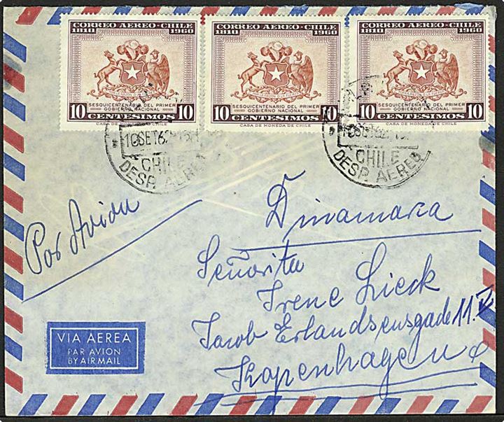 10 c. (3) på luftpostbrev fra Valparadiso d. 10.9.1962 til København, Danmark.