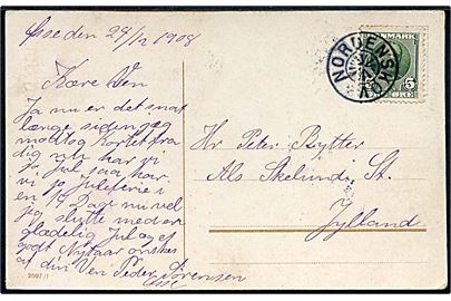 5 øre Fr. VIII på brevkort annulleret med Stjernestempel NORDENSKOV dateret 24.12.1908 sendt til Skelund St. på Als. 