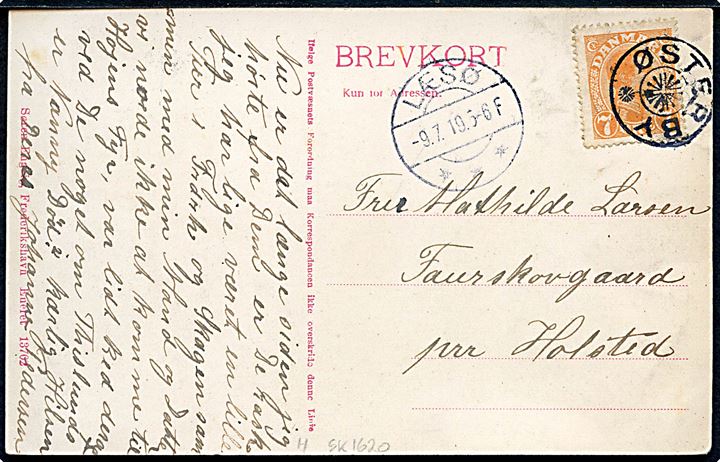 7 øre Chr. X på brevkort annulleret med Stjernestempel ØSTERBY og sidestempel LÆSØ d. 9.7.1919 sendt til Holsted. 