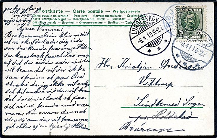 5 øre Fr. VIII på brevkort annulleret med Stjernestempel RØJSKOVHUS og sidestempel Lunderskov d. 8.4.1910 til Holsted. Omadresseret til Brørup. 
