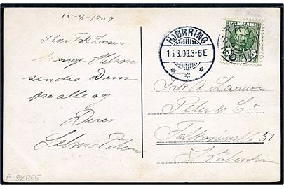 5 øre Fr. VIII på brevkort annulleret med Stjernestempel LØNSTRUP  og sidestempel Hjørring d. 15.8.1909 sendt til København.