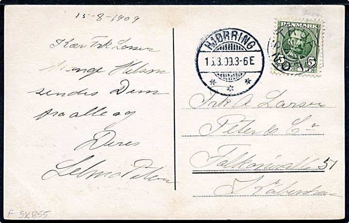 5 øre Fr. VIII på brevkort annulleret med Stjernestempel LØNSTRUP  og sidestempel Hjørring d. 15.8.1909 sendt til København.