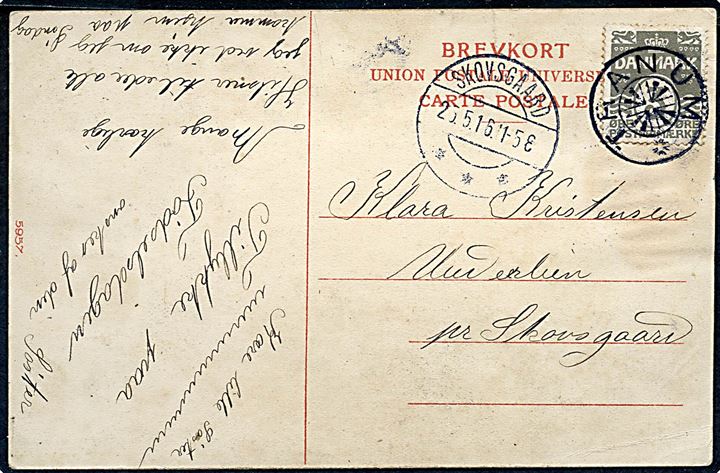 3 øre Bølgelinie på brevkort annulleret med Stjernestempel TRANUM og sidestempel Skovgaard d. 25.5.1916 sendt lokalt.