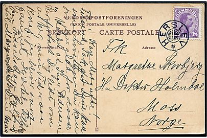 15 øre Chr. X på udlands brevkort annulleret med Stjernestempel HERSLEV sendt til Moss, Norge. 