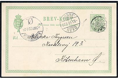 5 øre våbentype Helsagskort annulleret med Stjernestempel PEDERSKER og sidestempel bureau Rønne - Nexø T.8 d. 27.6.1904 sendt til København.  Flot kvalitet.