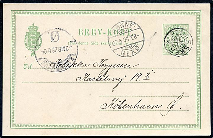 5 øre våbentype Helsagskort annulleret med Stjernestempel PEDERSKER og sidestempel bureau Rønne - Nexø T.8 d. 27.6.1904 sendt til København.  Flot kvalitet.