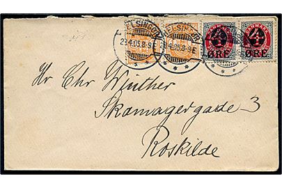 1 øre Våben (2) og 4/8 øre Provisorium (par) på brev fra Helsingør d. 28.4.1905 til Roskilde.