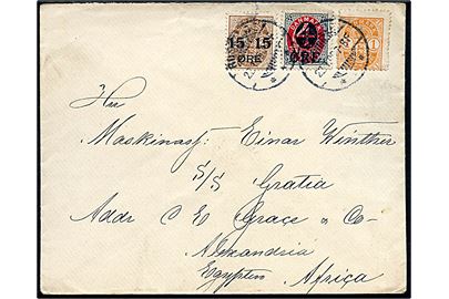1 øre Våben, 4/8 øre og 15/24 øre Provisorium på brev fra Roskilde d. 22.1.1905 til sømand ombord på S/S Gratia i Alexandria, Egypten.