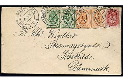 1 kop. (2), 2 kop. (2) og 4 kop. Våben på brev fra Mühlgraben Lifl. d. 6.5.1905 til Roskilde.
