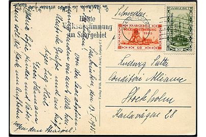 30 c. og 60 c. Volksabstimmung 1935 udg. på brevkort annulleret med TMS Heute Volksabstimmung im Saargebiet/Saarbrücken d. 13.1.1935 til Stockholm, Sverige.
