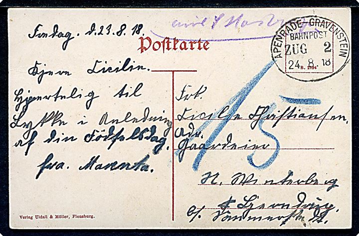 Ufrankeret brevkort (Sundsmark) dateret d. 23.8.1918 med håndskrevet aus S. Hostrup og bureaustempel Apenrade - Gravenstein Bahnpost Zug 2 d. 24.8.1918 til Sommerstedt. Udtakseret i 15 pfg. porto. Sjælden kassetømnings-påtegning fra jernbanebureauet for at tydeliggøre at kortet er afsendt i Sønder Hostrup.