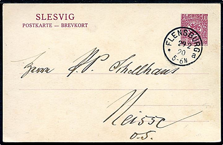 15 pfg. Fælles udg. helsagsbrevkort fra Flensburg *a d. 29.2.1920 til Niesse i Ober Schlesien.