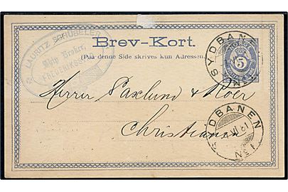 5 øre helsagsbrevkort fra Frederiksstad annulleret med bureaustempel Sydbanen No. 1 d. 7.6.1881 til Christiania.