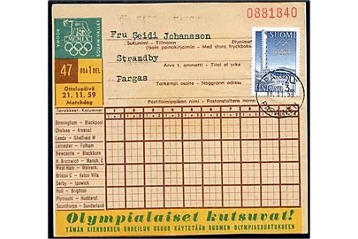 20+3 mk. 1952 Olympiade udg. på tipskupon sendt som brevkort i Pargas d. 18.11.1959.