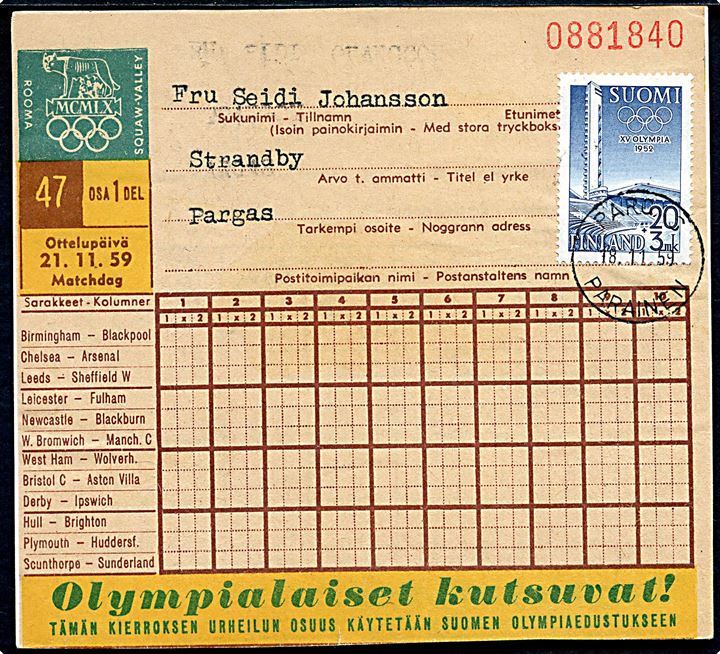 20+3 mk. 1952 Olympiade udg. på tipskupon sendt som brevkort i Pargas d. 18.11.1959.