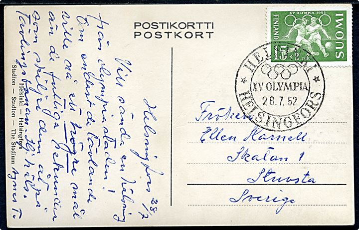 15+2 mk. Olympiade udg. på brevkort annulleret med særligt Helsinki XV Olympia stempel d. 28.7.1952 til Sverige.