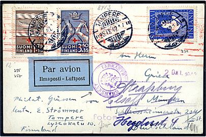 Velgørenheds udg. på luftpost brevkort fra Tammerfors d. 25.9.1942 til München, Tyskland - eftersendt til Strassburg, Elsass. Både finsk og tysk censur.