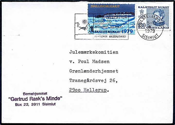 1,30 kr. Margrethe og Julemærke 1979 på brev fra Børnehjemmet Gertrud Rask's Minde i Holsteinsborg d. 5.12.1979 til Julemærkekomiteen på Grønlænderhjemmet i Hellerup.