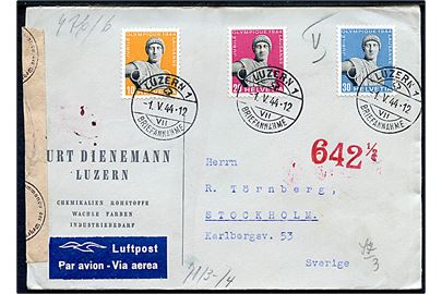 Komplet sæt 50 år for genoptagelse af de olympiske lege på luftpostbrev fra Luzern d. 1.5.1944 til Stockholm, Sverige. Åbnet af tysk censur i Berlin.