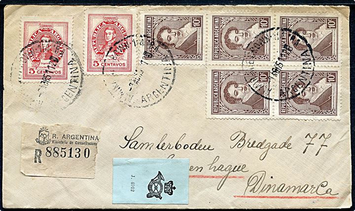 5 c. (2) og 10 c. (5) på anbefalet brev fra Argentina d. 3.8.1951 til København, Danmark. Påsat dansk J-4012 etiket.